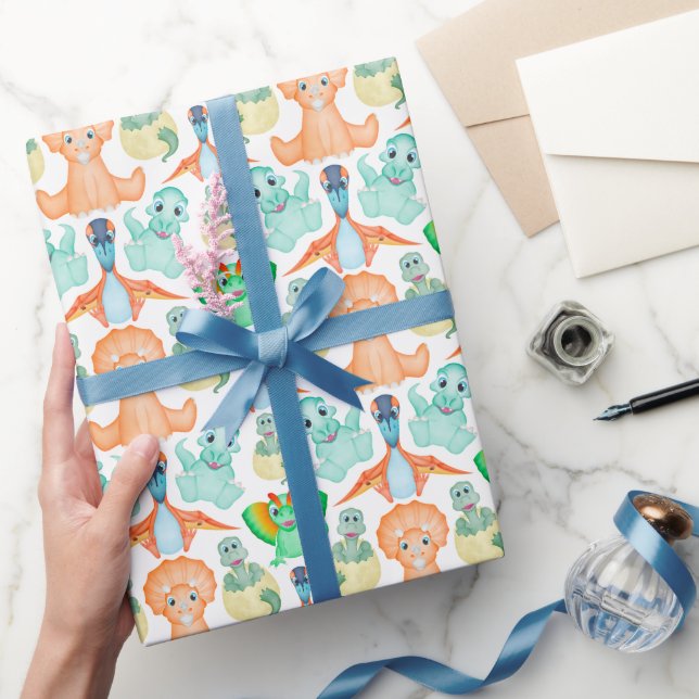 Blue Watercolour Dinosaur Birthday Baby Shower Wrapping Paper (Gifting)