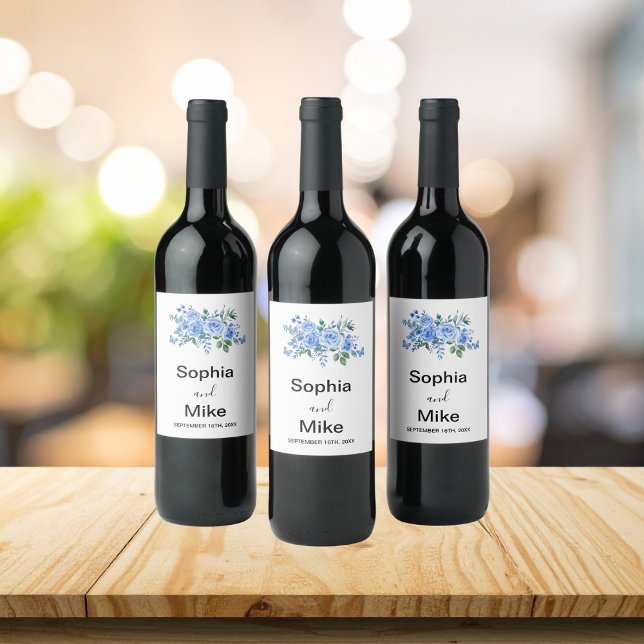 Blue Watercolour Floral and Butterflies Wedding  Wine Label (Creator Uploaded)
