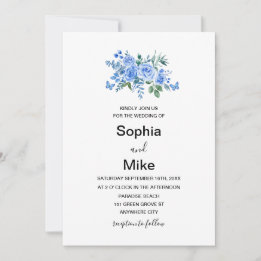 Blue Watercolour Floral Butterflies Wedding Invitation