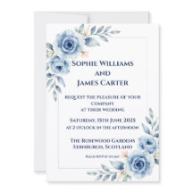 Blue Watercolour Floral Formal Wedding Invitation