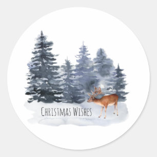 Blue Watercolour Forest With Deer Classic Round Sticker