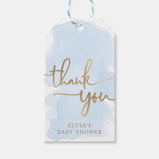 Blue Watercolour Gold Baby Shower Favour Tag (Front)
