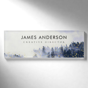BLUE  WATERCOLOUR LANDSCAPE TREE FOLIAGE MONOGRAM NAME TAG