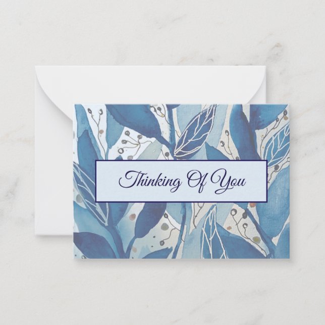 Blue Watercolour Leaf Thinking of You Card (Front)