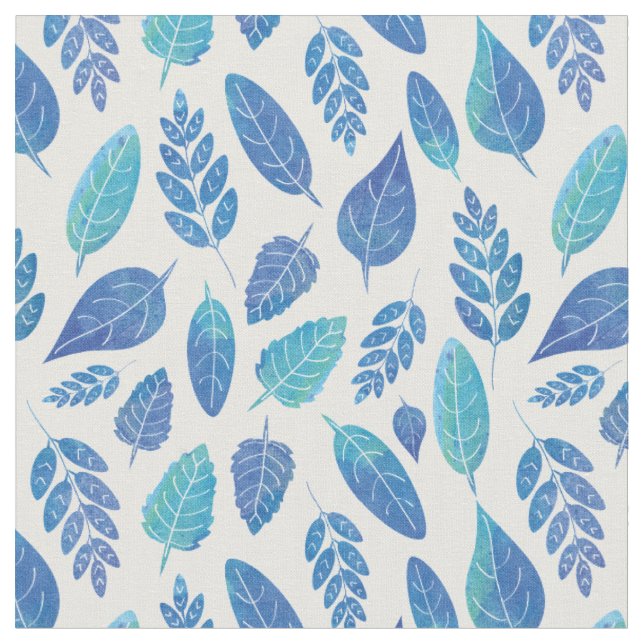 Blue Watercolour Leaves Pattern Fabric (Close Up)