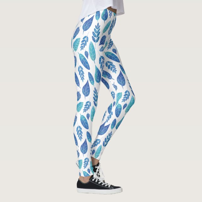 Blue Watercolour Leaves Pattern Leggings (Right)