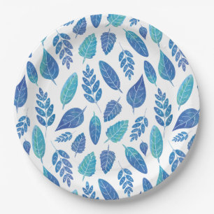 Blue Watercolour Leaves Pattern Paper Plate