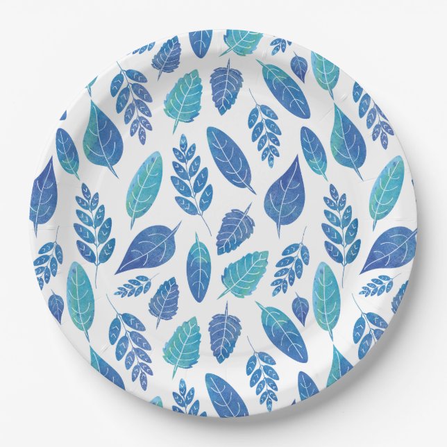 Blue Watercolour Leaves Pattern Paper Plate (Front)