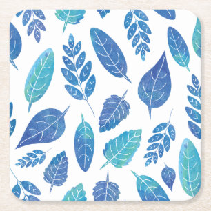 Blue Watercolour Leaves Pattern Square Paper Coaster