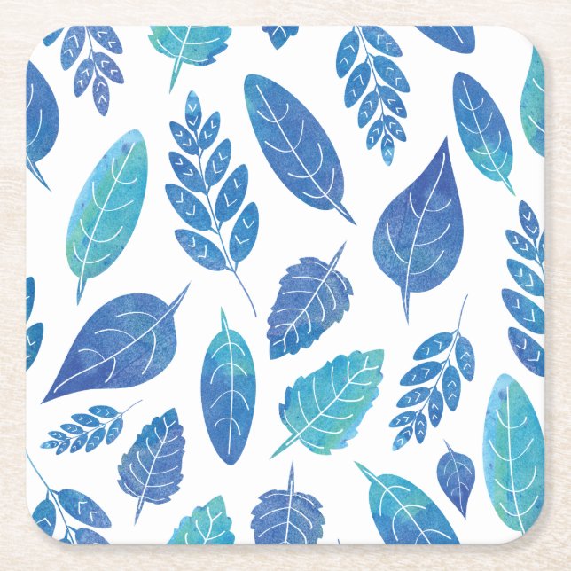 Blue Watercolour Leaves Pattern Square Paper Coaster (Front)