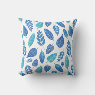 Blue Watercolour Leaves Pattern Throw Pillow