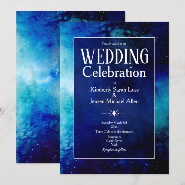 Blue Watercolour Nebula Wedding Invitation (Front/Back)