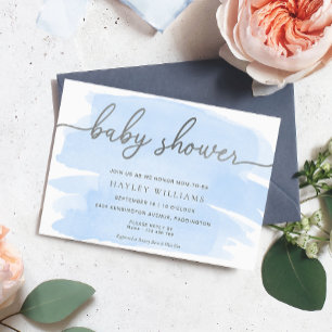 Blue Watercolour Silver Baby Shower Invitation