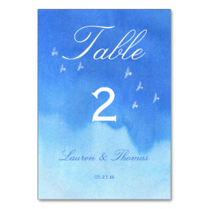 Blue Watercolour Sky and Doves Wedding Table Number