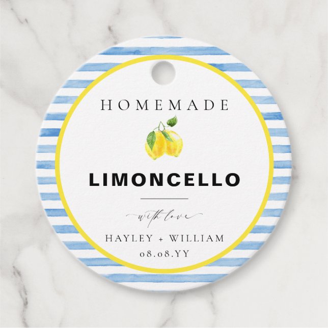 Blue Watercolour Stripe Limoncello Favour Tags (Front)