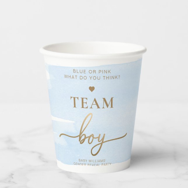 Blue Watercolour Team Girl Gender Reveal Party Paper Cups (Front)