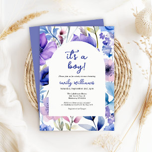 Blue Watercolour Wildflower Its a Boy Baby Shower Invitation