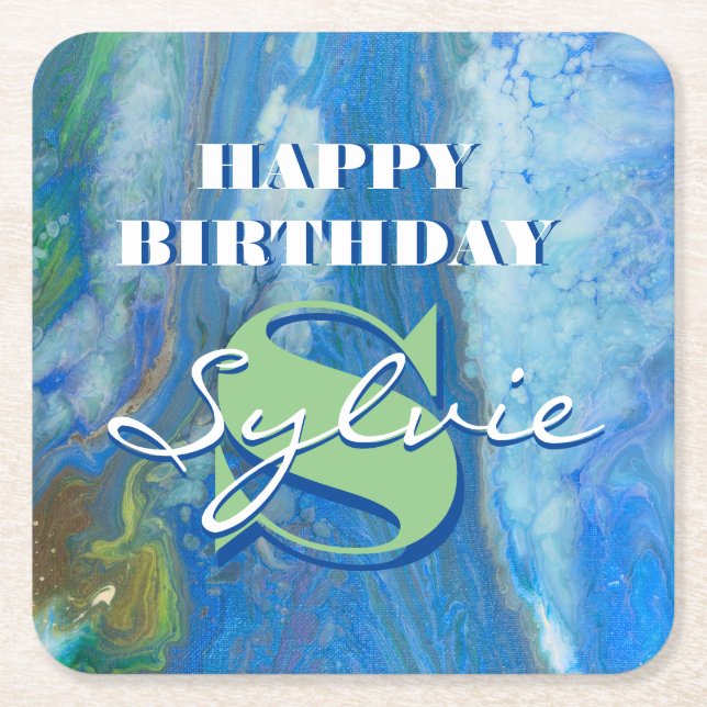 Blue Waterfall Acrylic Art Square Paper Coaster (Front)