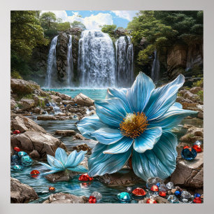 🌊 Blue Waterfall Blooming Flowers Nature Serenity Poster