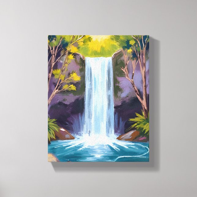 Blue Waterfall | Forest Landscape Nature Painting Canvas Print (Front)
