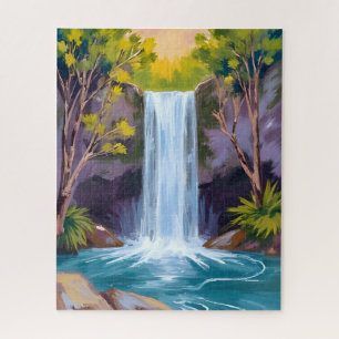Blue Waterfall   Forest Landscape Nature Painting Jigsaw Puzzle