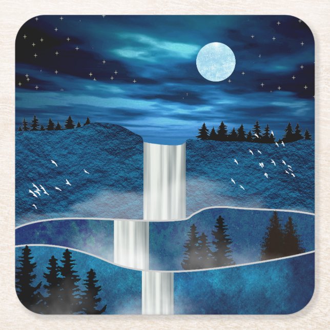 Blue Waterfall Square Paper Coaster (Front)