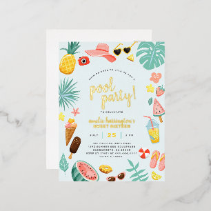 Blue Watermelon Pineapple Tropical Pool Party Foil Invitation Postcard