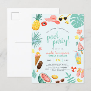 Blue   Watermelon Pineapple Tropical Pool Party Invitation Postcard