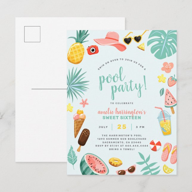 Blue | Watermelon Pineapple Tropical Pool Party Invitation Postcard (Front/Back)