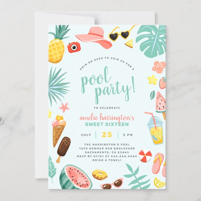 Blue | Watermelon Pineapple Tropical Pool Party Magnetic Invitation (Front)