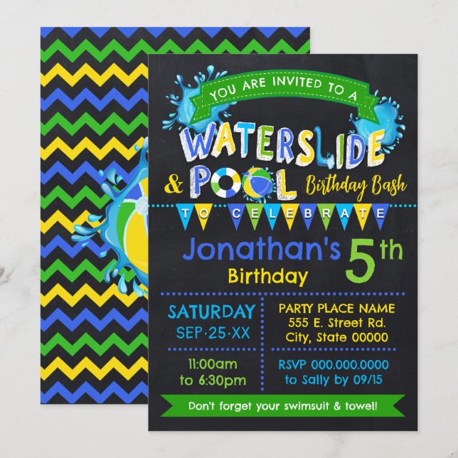 Blue Waterslide & Pool Birthday Children Party Invitation (Front/Back)