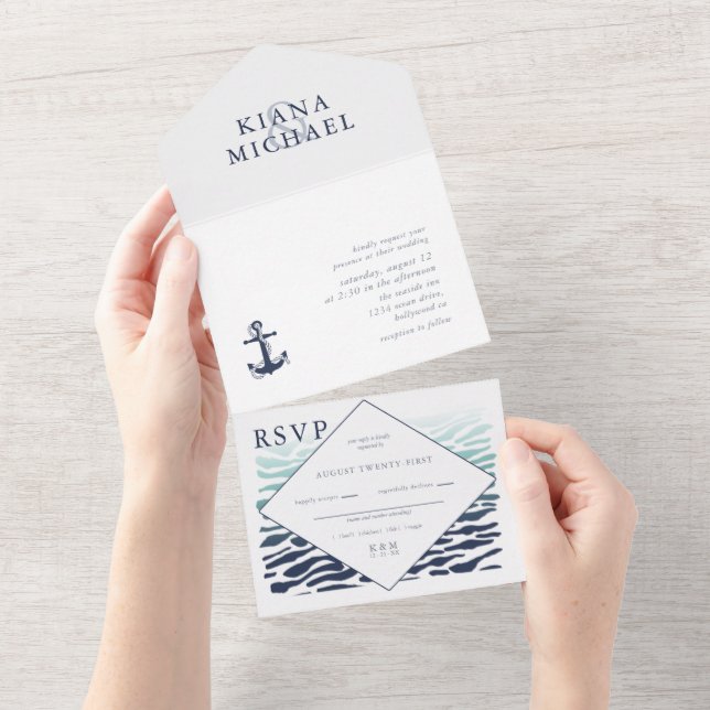 Blue Wave Anchor Wedding ID836 All In One Invitation (Tearaway)