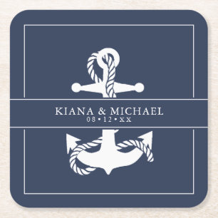 Blue Wave Anchor Wedding Wht/Navy ID836 Square Paper Coaster