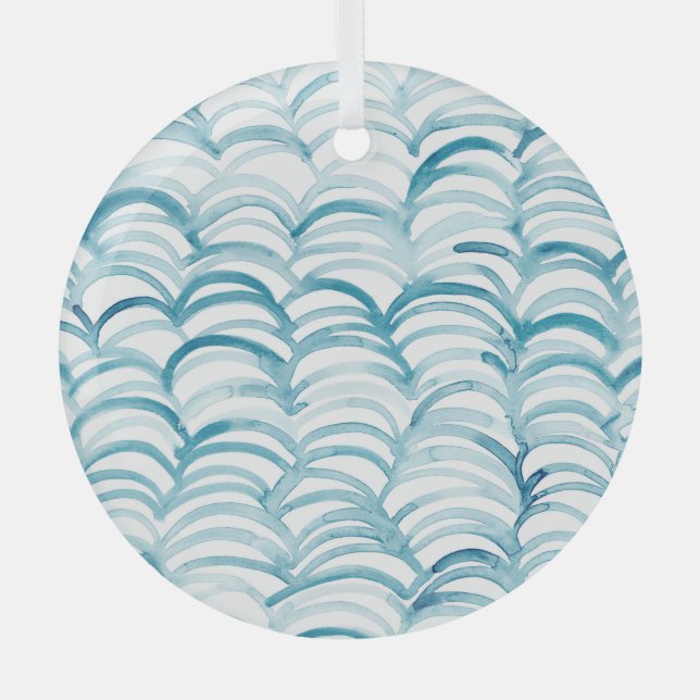 Blue Wave Japanese Style PatternIllustration Glass Ornament (Front)