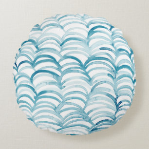 Blue Wave Japanese Style PatternIllustration Round Pillow