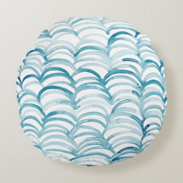 Blue Wave Japanese Style PatternIllustration Round Pillow (Front)
