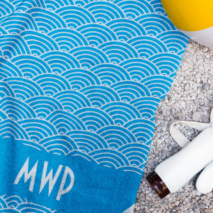 Blue Wave Pattern Monogram Beach Towel