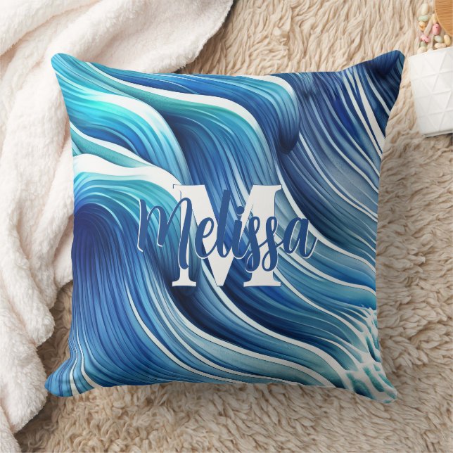 Blue Wave Pattern Throw Pillow (Blanket)