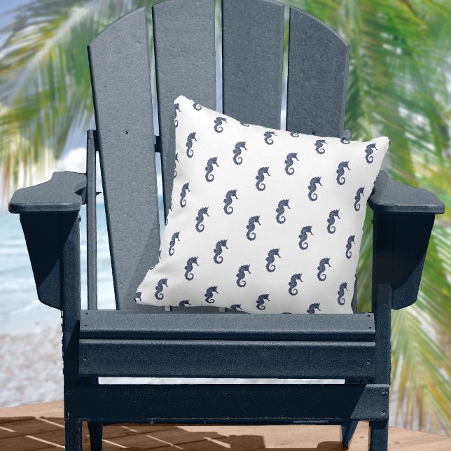 Blue Wave Seahorse Navy/Wht ID836 Throw Pillow (Creator Uploaded)