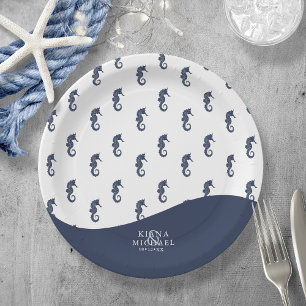 Blue Wave Seahorse Pattern Wedding V1 ID836 Paper Plate