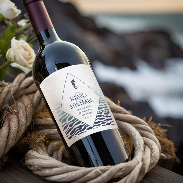 Blue Wave Seahorse Wedding Thank You ID836 Wine Label (Creator Uploaded)