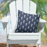Blue Wave Seahorse Wht/Navy ID836  Throw Pillow<br><div class="desc">Classic nautical styling with a clean,  minimalist look seahorse illustration in white on a navy blue background. Perfect for yacht club,  boat,  beachside and summer patios. Search ID836 to see other to coordinate with this design.</div>