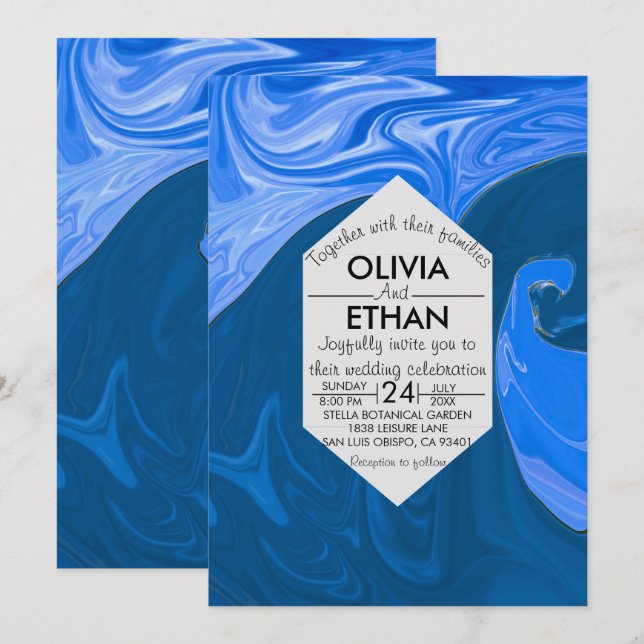Blue waves abstract art Wedding Invitation (Front/Back)