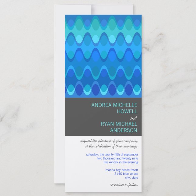 Blue Waves Geometric Mod Pattern Modern Wedding Invitation (Front)