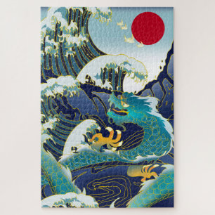 Blue Waves Green Dragon Red Sun Jigsaw Puzzle