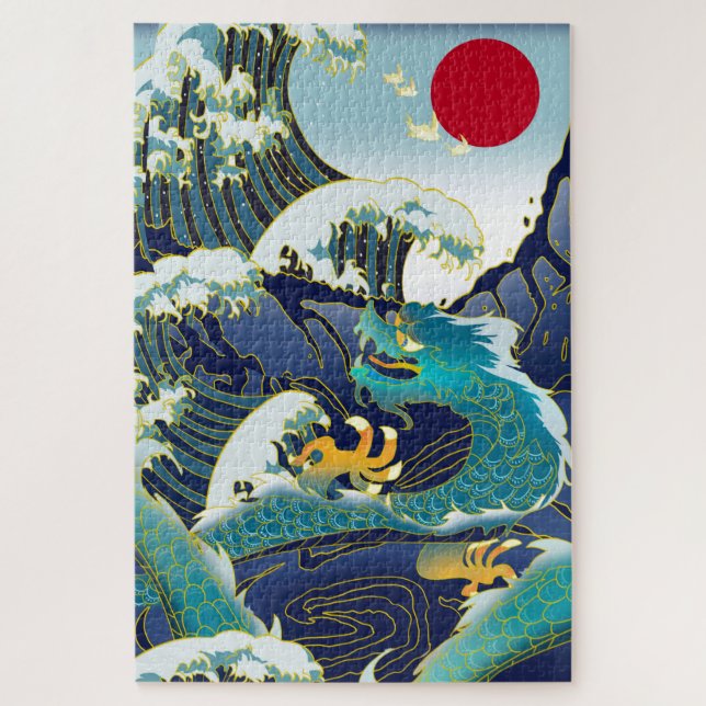 Blue Waves Green Dragon Red Sun Jigsaw Puzzle (Vertical)