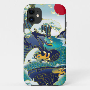 Blue Waves Green Dragon Red Sun Skateboard iPhone 11 Case