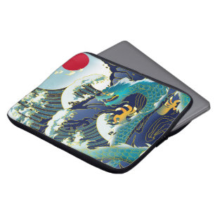 Blue Waves Green Dragon Red Sun Skateboard Laptop Sleeve