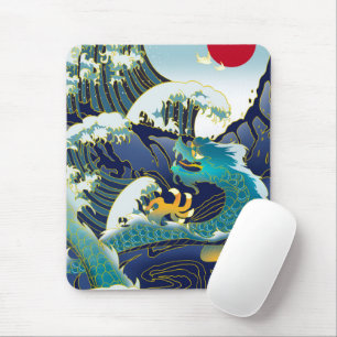 Blue Waves Green Dragon Red Sun Skateboard Mouse Pad