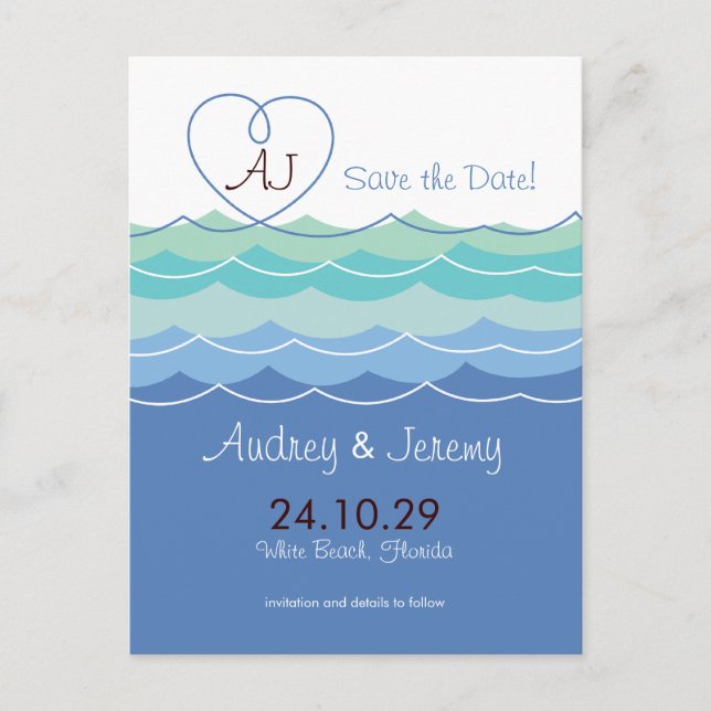 Blue Waves Loopy Heart Beach Modern Save The Date Announcement Postcard (Front)
